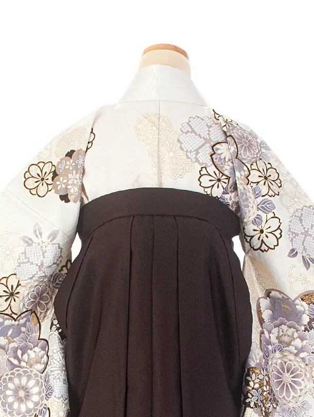 卒業式袴 D0055 絵羽 白 菊と桜着物×こげ茶