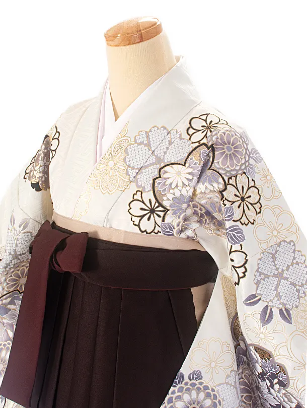 卒業式袴 D0055 絵羽 白 菊と桜着物×こげ茶