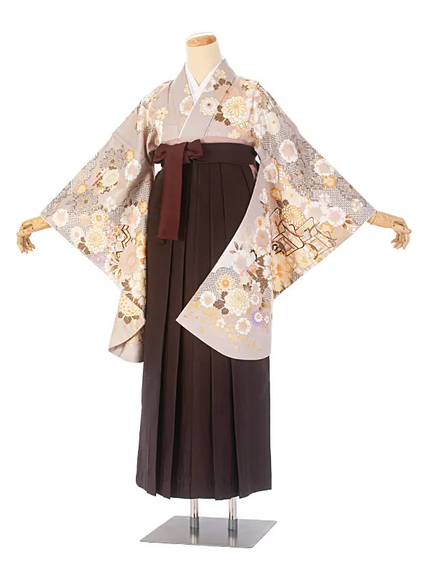 卒業式袴 D0057 絵羽 ベージュ 牡丹×こげ茶