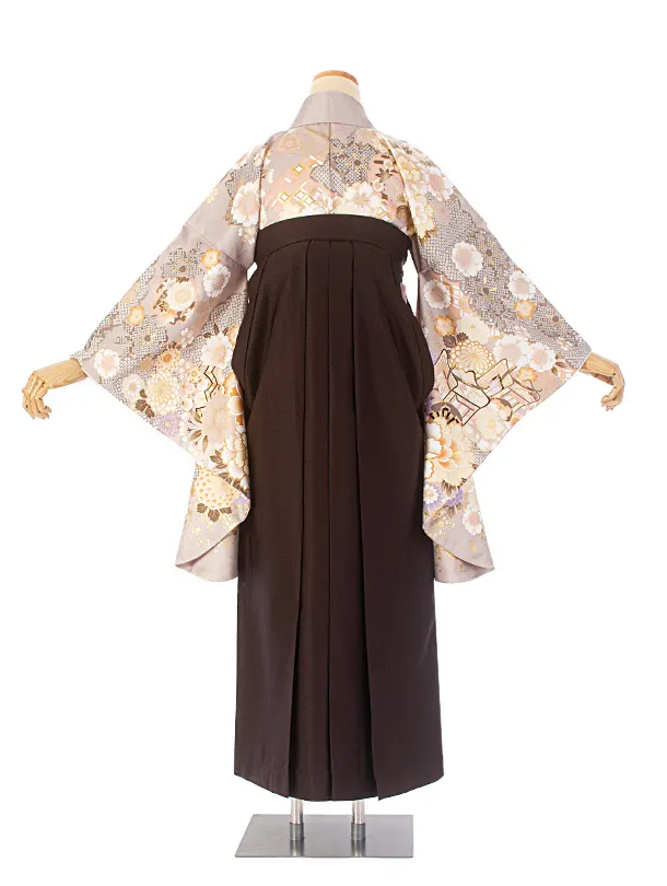 卒業式袴 D0057 絵羽 ベージュ 牡丹×こげ茶