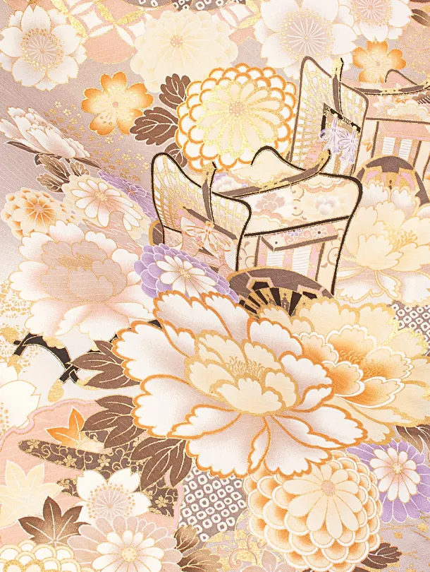 卒業式袴 D0057 絵羽 ベージュ 牡丹×こげ茶