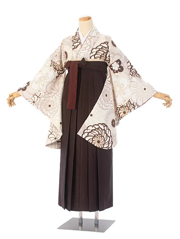 卒業式袴 D0058 アイボリー ねじり梅と菊 百華×こげ茶