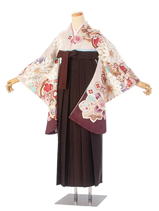 卒業式袴 D0059 絵羽 ベージュ茶 花柄×こげ茶