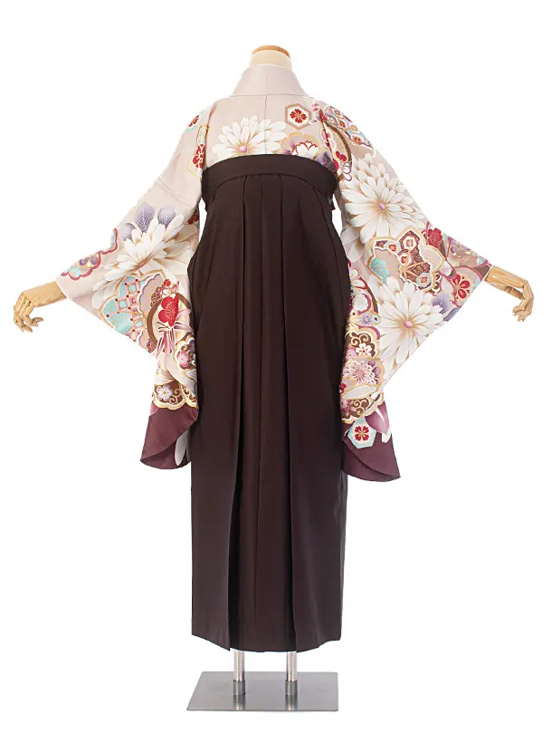 卒業式袴 D0059 絵羽 ベージュ茶 花柄×こげ茶