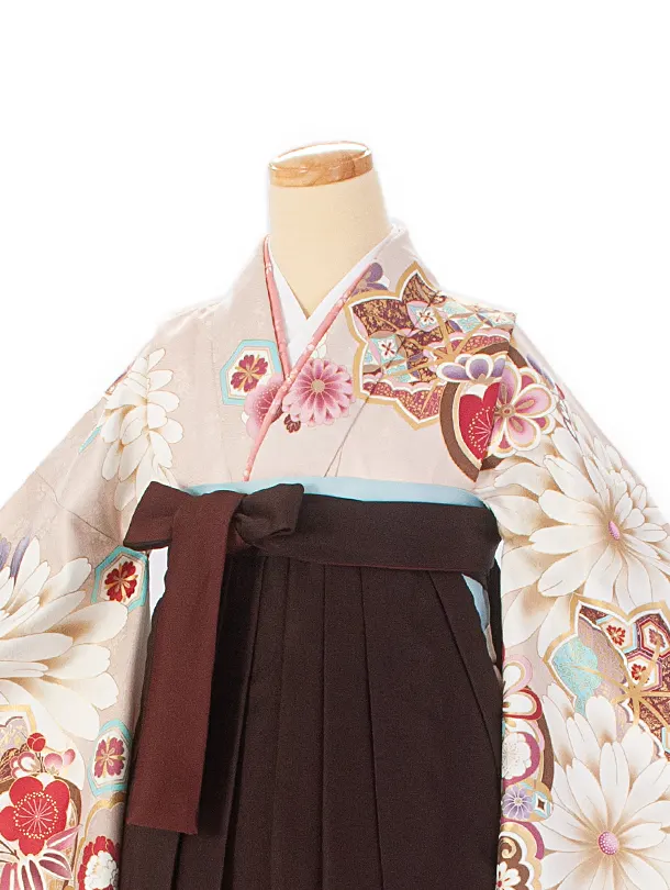 卒業式袴 D0059 絵羽 ベージュ茶 花柄×こげ茶