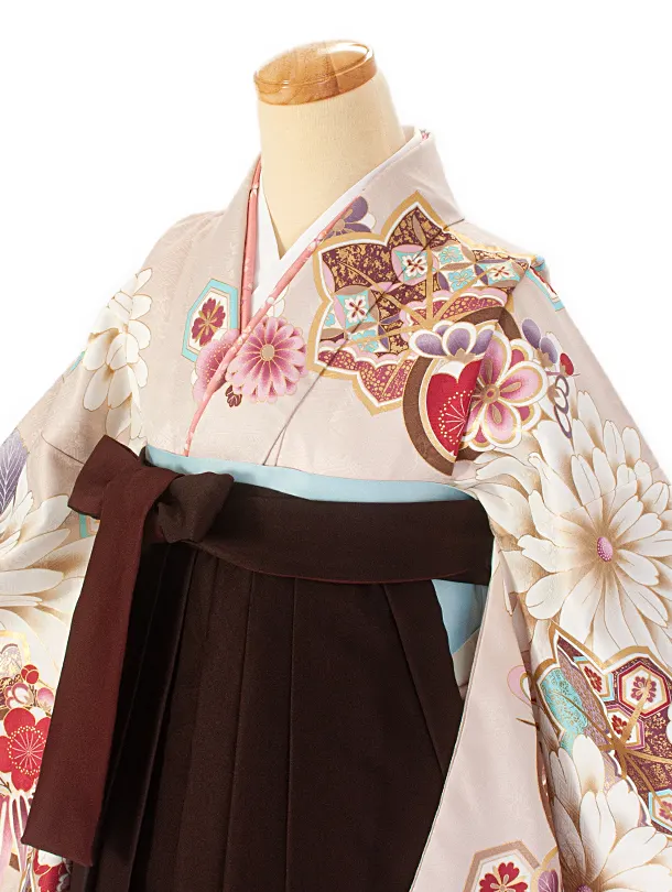 卒業式袴 D0059 絵羽 ベージュ茶 花柄×こげ茶