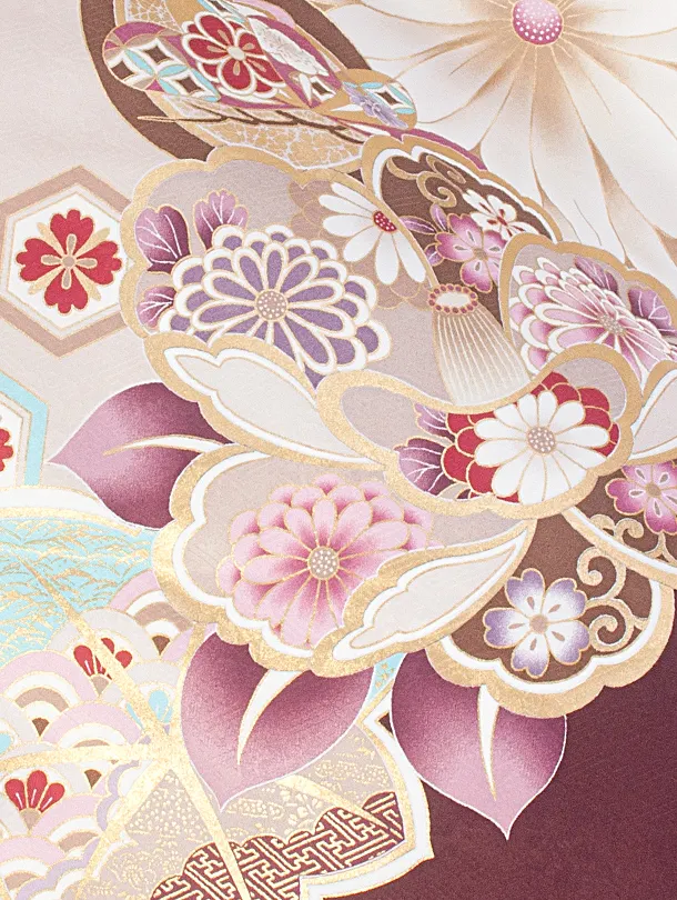 卒業式袴 D0059 絵羽 ベージュ茶 花柄×こげ茶