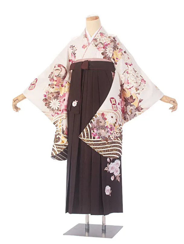 卒業式袴 D0060 絵羽 ベージュ茶 花柄×こげ茶 ししゅう