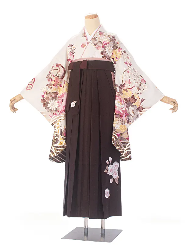 卒業式袴 D0060 絵羽 ベージュ茶 花柄×こげ茶 ししゅう