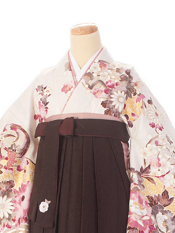 卒業式袴 D0060 絵羽 ベージュ茶 花柄×こげ茶 ししゅう