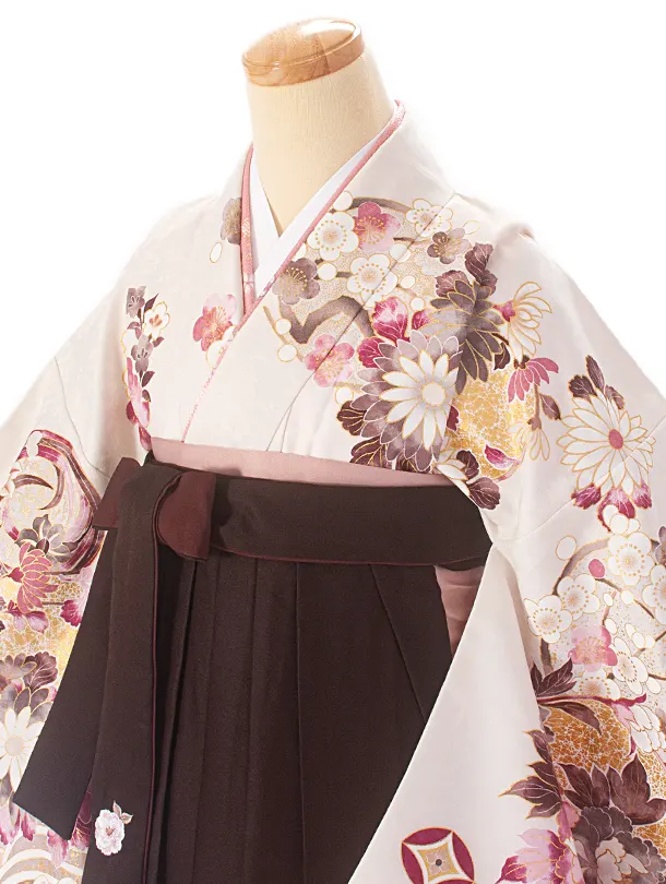 卒業式袴 D0060 絵羽 ベージュ茶 花柄×こげ茶 ししゅう