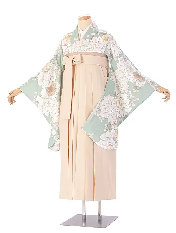 【ふくよかサイズ】卒業式袴 D0062 ヒワ 牡丹×ベージュ