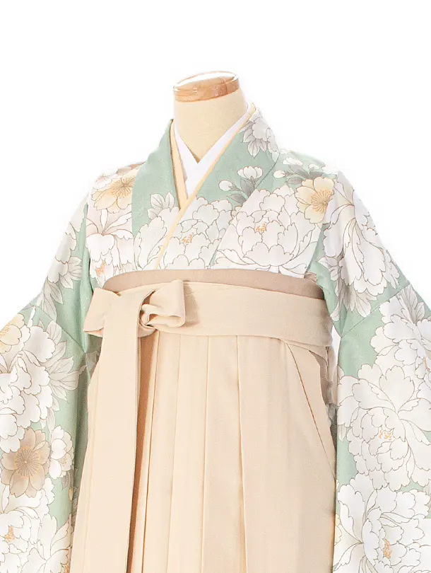 【ふくよかサイズ】卒業式袴 D0062 ヒワ 牡丹×ベージュ