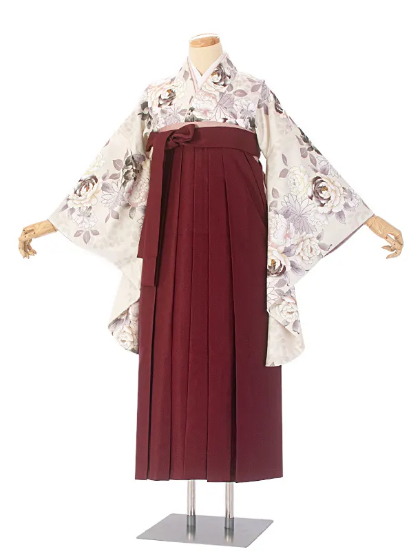 【ふくよかサイズ】卒業式袴 D0063 ベージュ牡丹×エンジ
