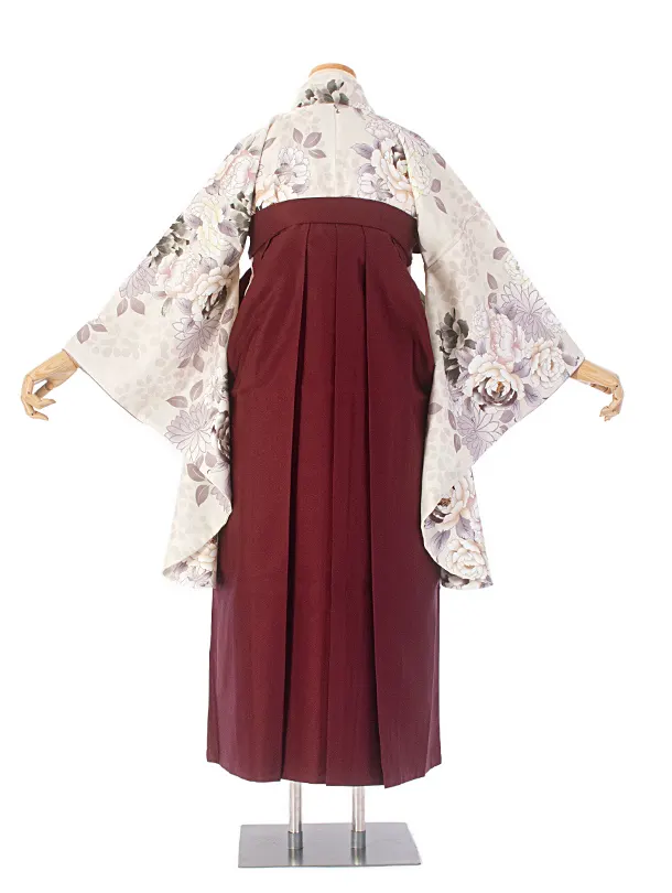 【ふくよかサイズ】卒業式袴 D0063 ベージュ牡丹×エンジ
