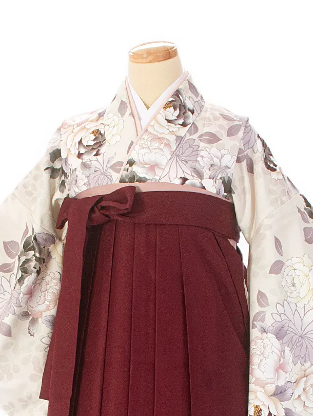 【ふくよかサイズ】卒業式袴 D0063 ベージュ牡丹×エンジ