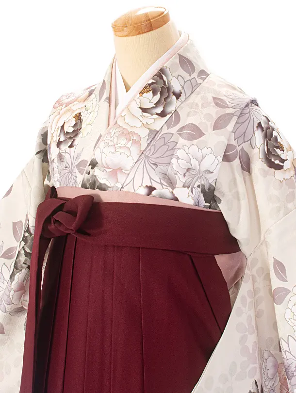 【ふくよかサイズ】卒業式袴 D0063 ベージュ牡丹×エンジ