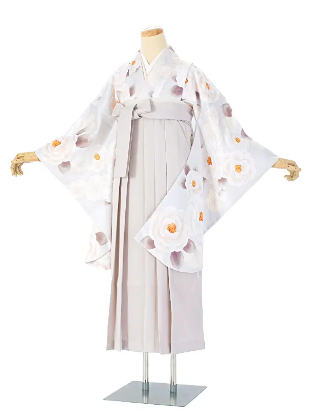 卒業式袴 D0064 薄水グレー 椿と梅×グレージュ