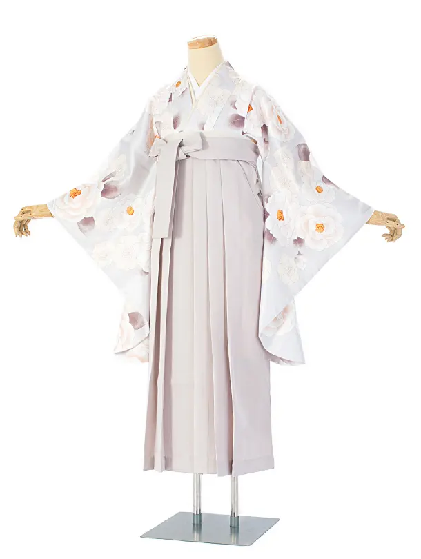 卒業式袴 D0064 薄水グレー 椿と梅×グレージュ