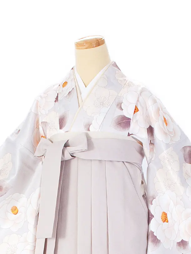 卒業式袴 D0064 薄水グレー 椿と梅×グレージュ