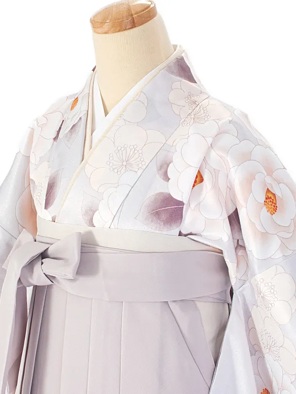 卒業式袴 D0064 薄水グレー 椿と梅×グレージュ