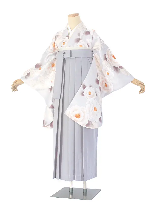 卒業式袴 D0065 薄水グレー 椿と梅×パープルグレー