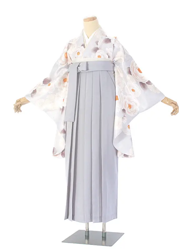 卒業式袴 D0065 薄水グレー 椿と梅×パープルグレー