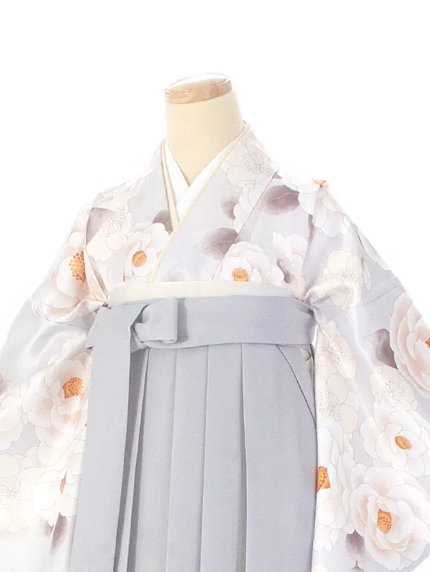 卒業式袴 D0065 薄水グレー 椿と梅×パープルグレー