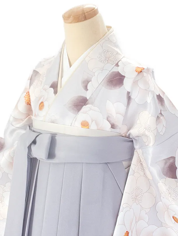 卒業式袴 D0065 薄水グレー 椿と梅×パープルグレー