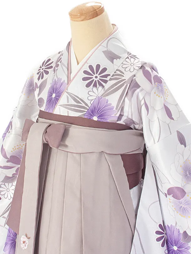 卒業式袴 D0067 パープルグレー 四季の花×ベージュししゅう