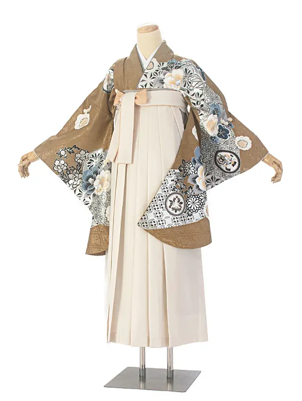 卒業式袴 D0070 カーキ 江戸切子 牡丹×アイボリー クリーム