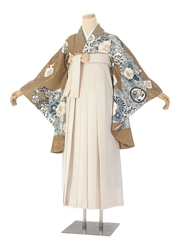 卒業式袴 D0070 カーキ 江戸切子 牡丹×アイボリー クリーム