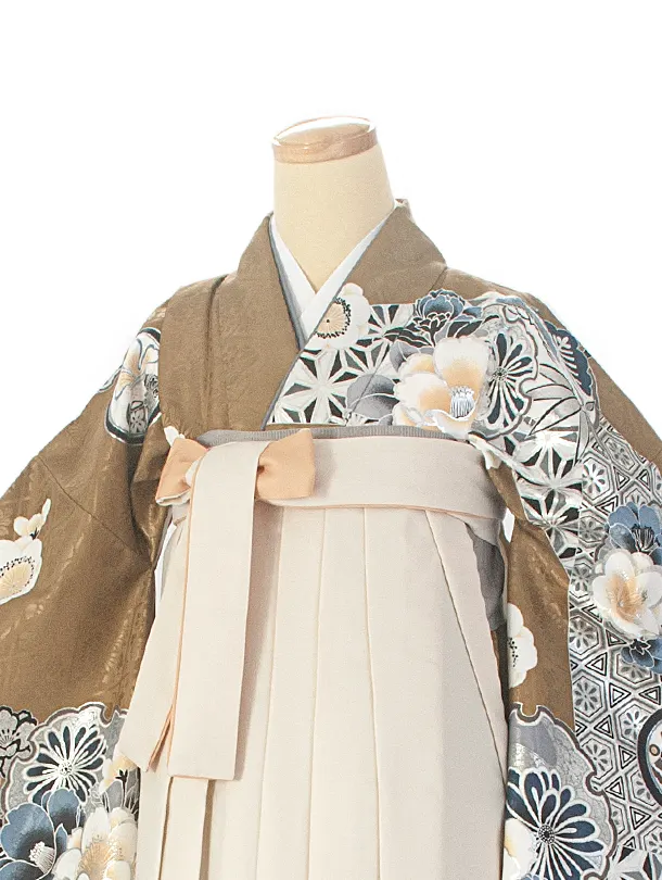 卒業式袴 D0070 カーキ 江戸切子 牡丹×アイボリー クリーム