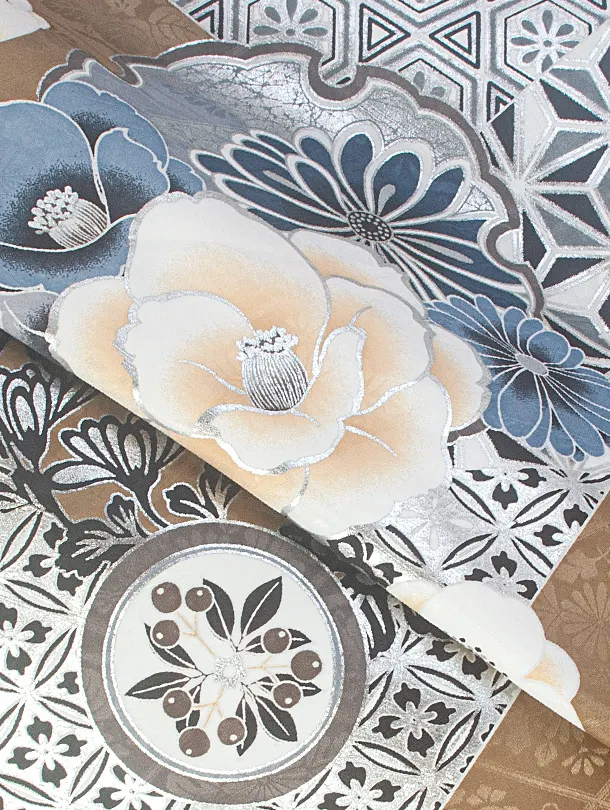 卒業式袴 D0070 カーキ 江戸切子 牡丹×アイボリー クリーム