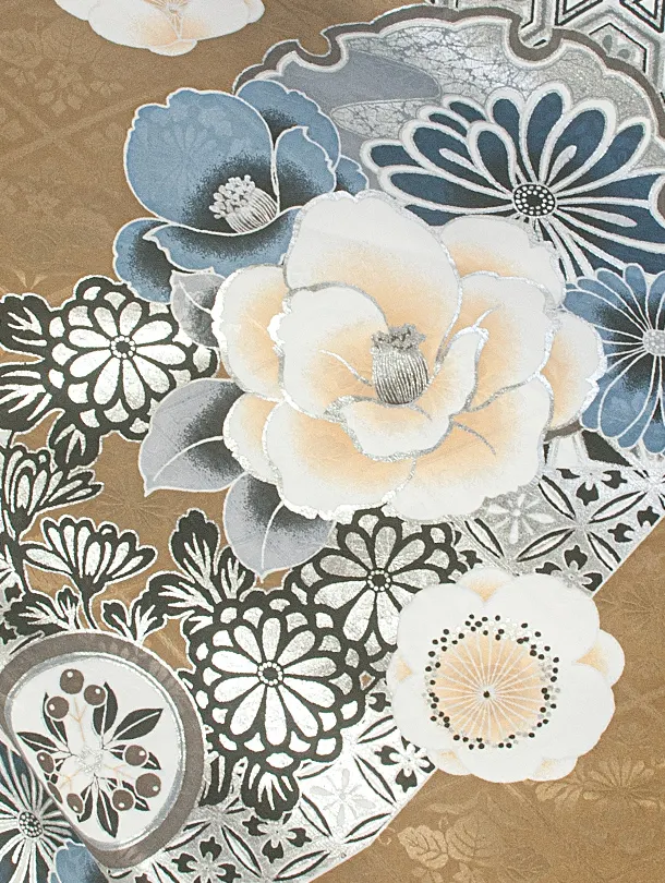 卒業式袴 D0070 カーキ 江戸切子 牡丹×アイボリー クリーム