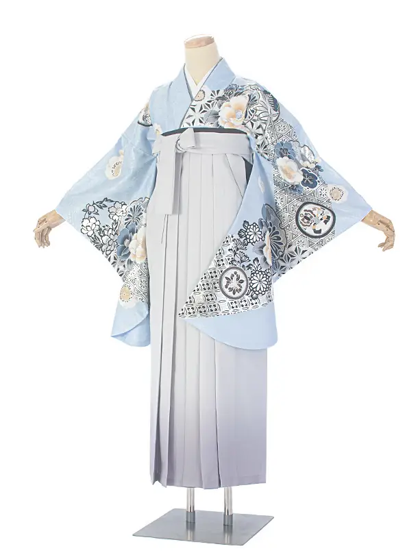 卒業式袴 D0071 水色 江戸切子 牡丹×薄グレーぼかし