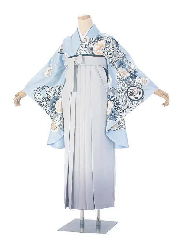 卒業式袴 D0071 水色 江戸切子 牡丹×薄グレーぼかし