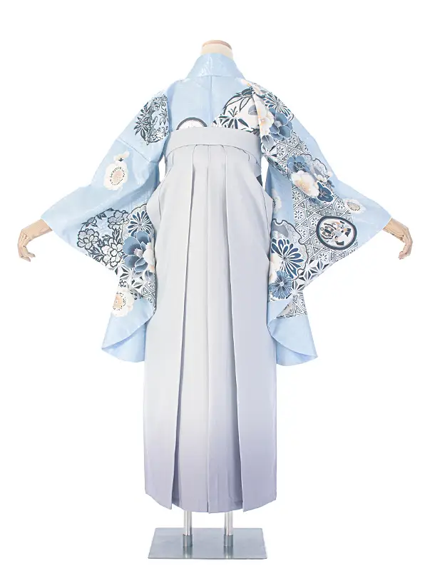 卒業式袴 D0071 水色 江戸切子 牡丹×薄グレーぼかし