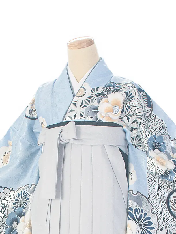 卒業式袴 D0071 水色 江戸切子 牡丹×薄グレーぼかし