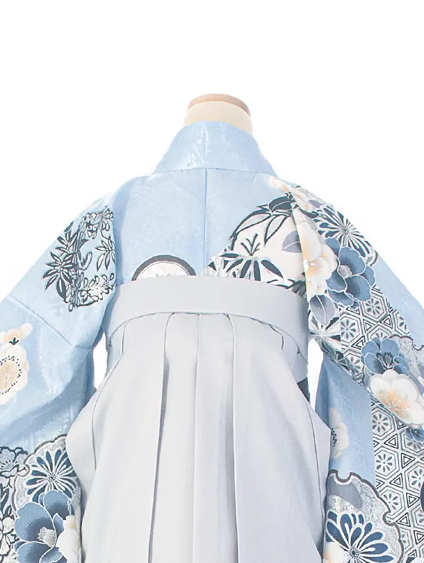 卒業式袴 D0071 水色 江戸切子 牡丹×薄グレーぼかし
