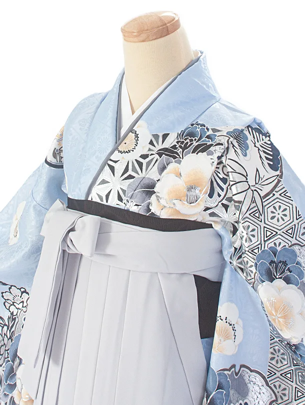 卒業式袴 D0071 水色 江戸切子 牡丹×薄グレーぼかし