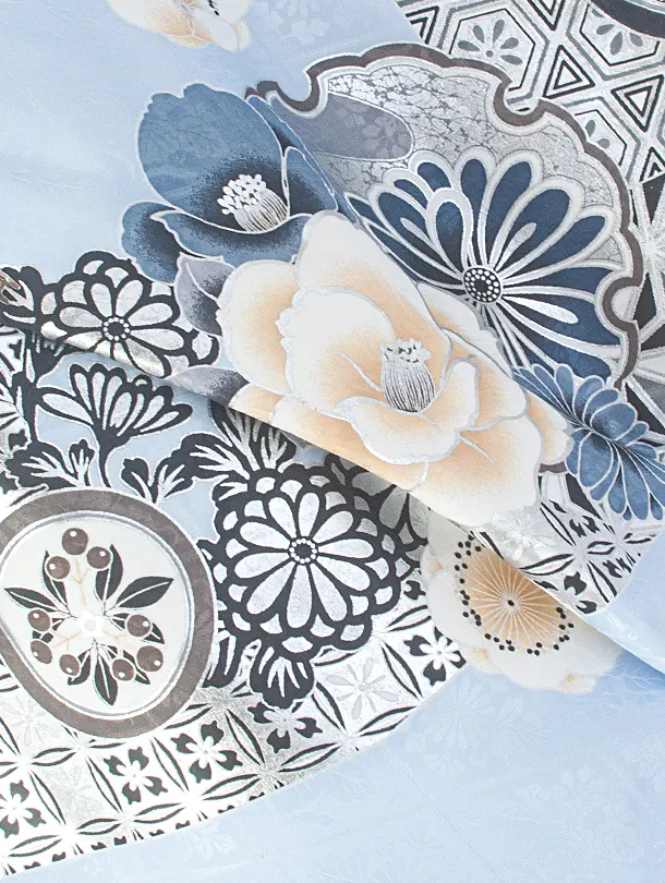 卒業式袴 D0071 水色 江戸切子 牡丹×薄グレーぼかし