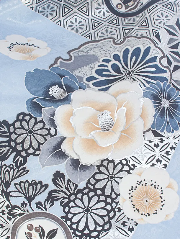 卒業式袴 D0071 水色 江戸切子 牡丹×薄グレーぼかし