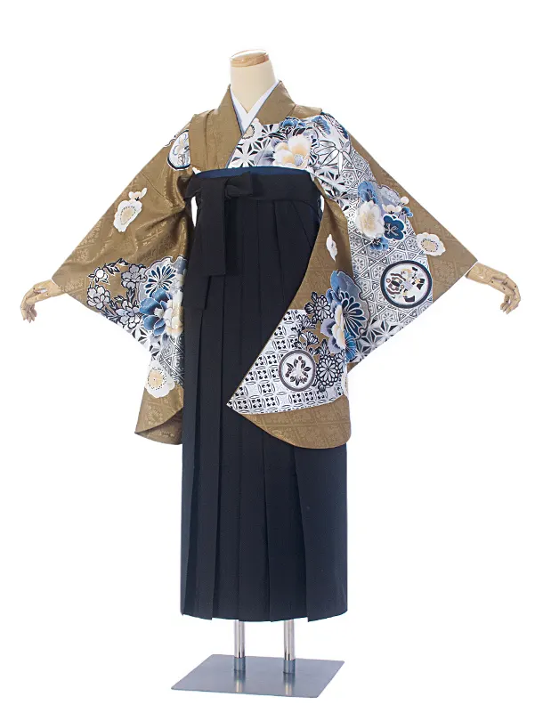 卒業式袴 D0072 カーキ 江戸切子 牡丹×黒