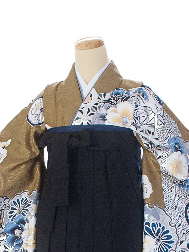 卒業式袴 D0072 カーキ 江戸切子 牡丹×黒