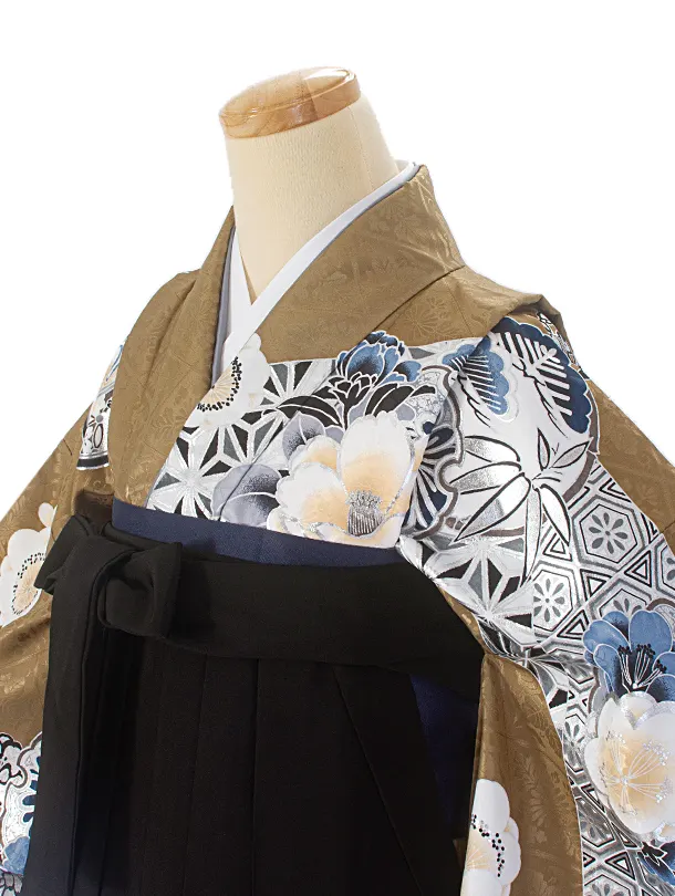 卒業式袴 D0072 カーキ 江戸切子 牡丹×黒