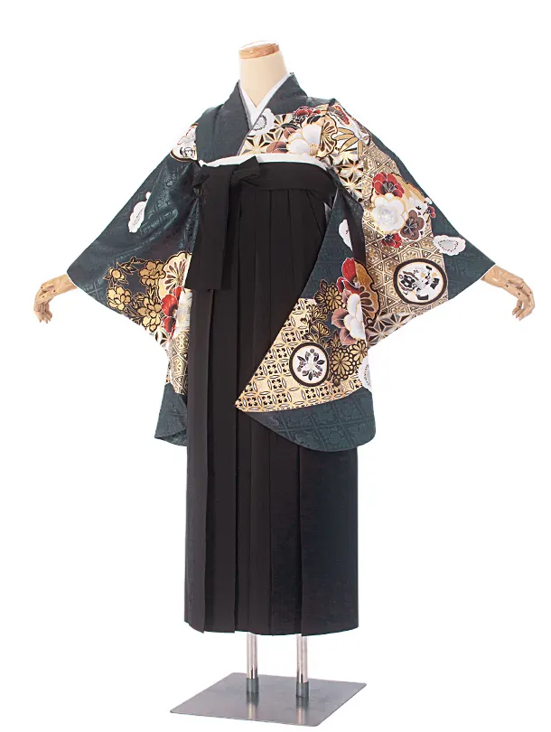 卒業式袴 D0073 濃青緑 江戸切子 牡丹×黒