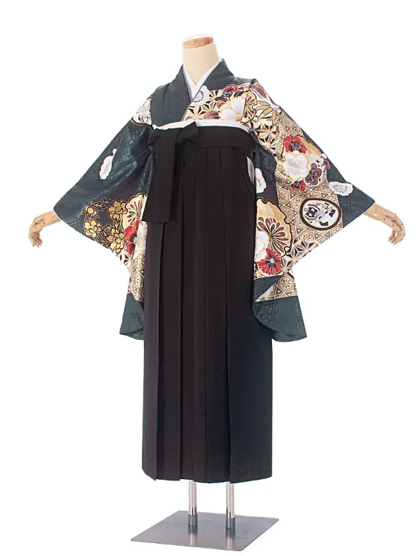 卒業式袴 D0073 濃青緑 江戸切子 牡丹×黒