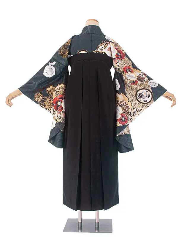 卒業式袴 D0073 濃青緑 江戸切子 牡丹×黒