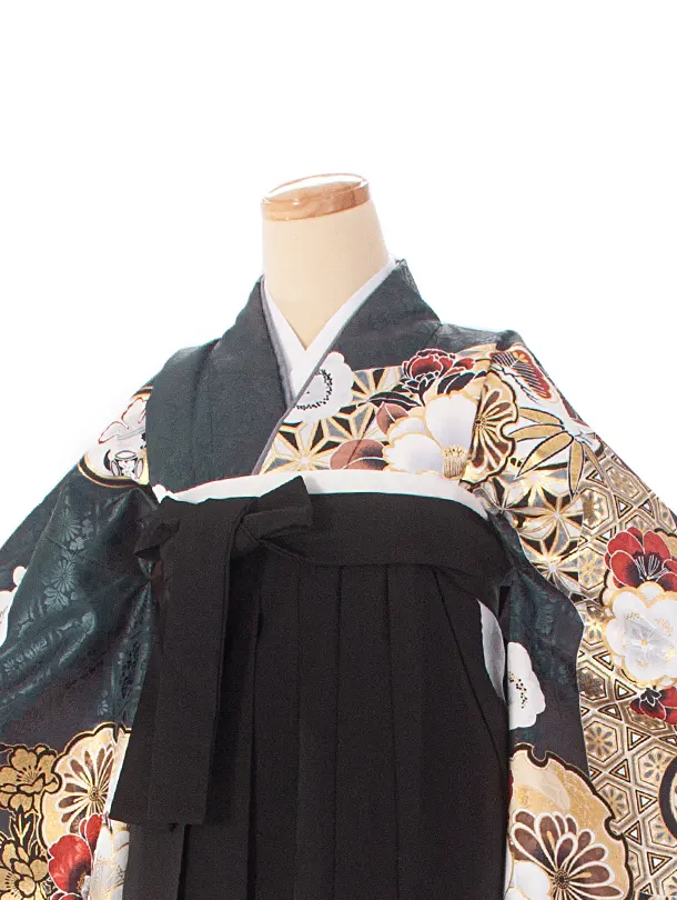 卒業式袴 D0073 濃青緑 江戸切子 牡丹×黒